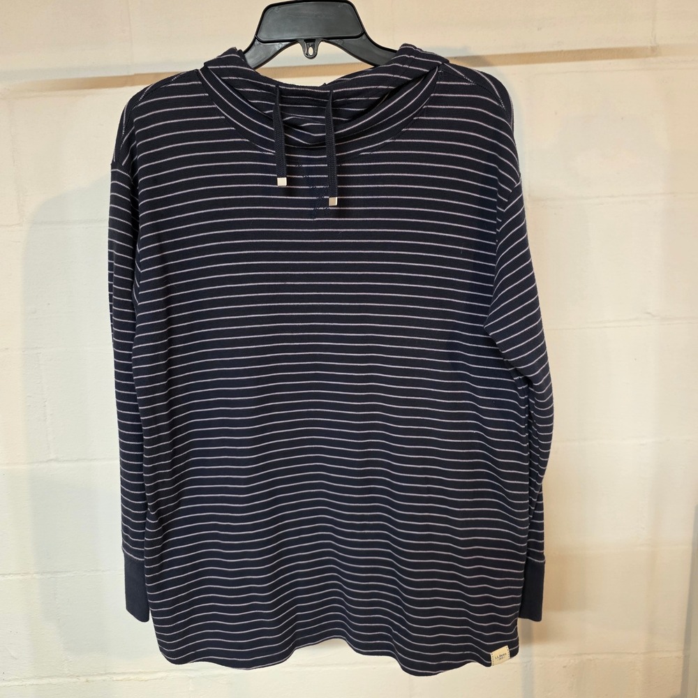 LL Bean Womens Large Navy Blue White Striped Waffle Knit Thermal Pullover Hoodie